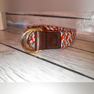 Vintage 1990s Rainbow Woven Belt / 30" Max / Eddie Bauer Leather and Brass Woven